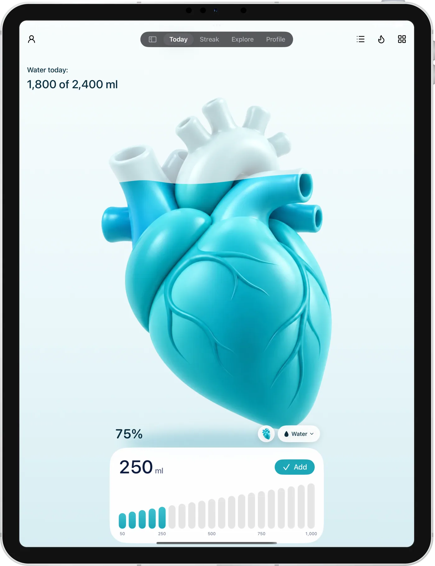 Hydrabit on iPad Pro: the large heart filling with water