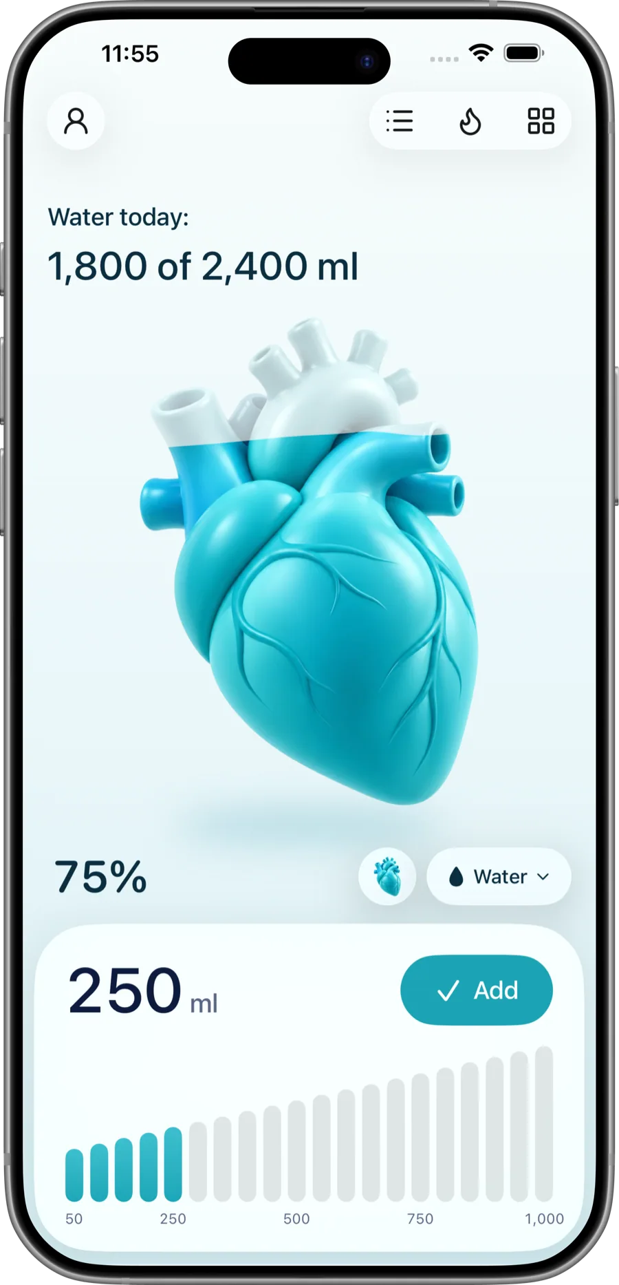 Hydrabit on iPhone: a heart filling with water above the amount picker and Add button